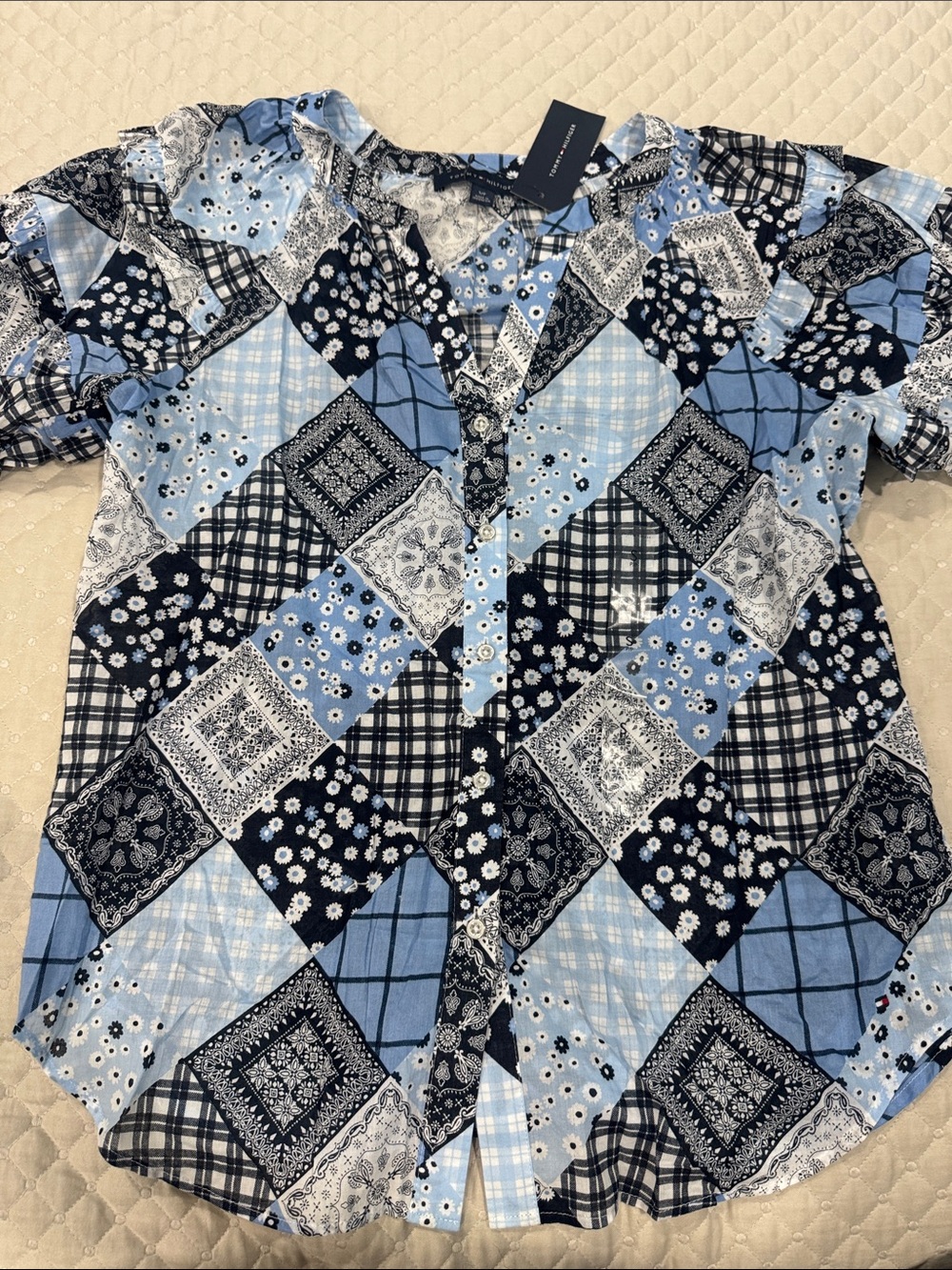 Tommy Hilfiger Blue Patchwork Print Button-Up Blouse